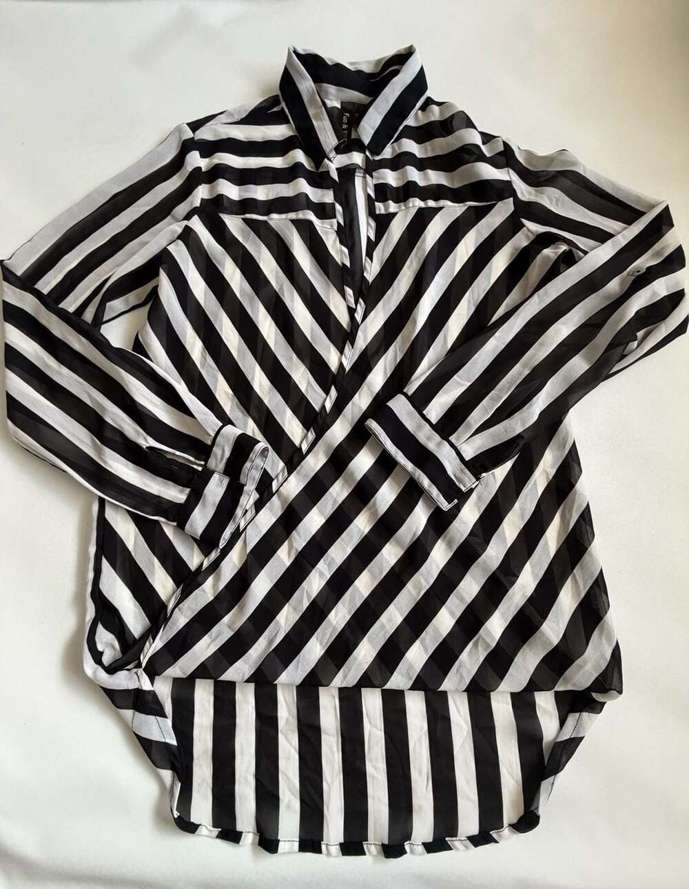 Fun & Flirt Blouse M Womens Black White Stripe Long Sleeve Sheer Top